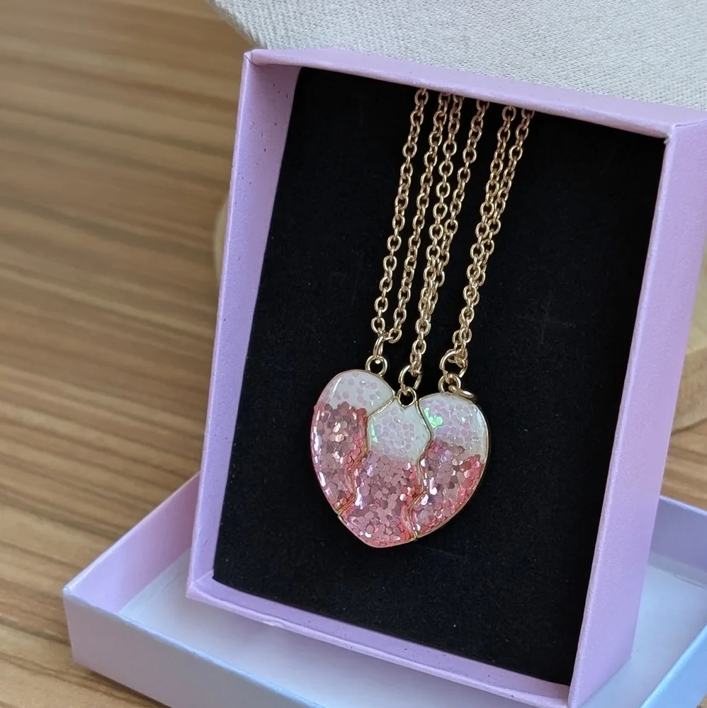 3 Best Friends Forever Trio pink glitter heart 3 pk necklaces School Bestie Gift
